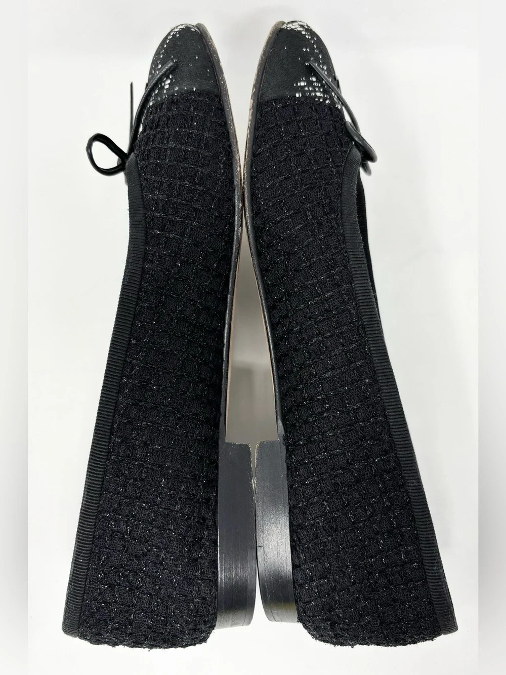 Chanel CC Logo Cap Toe Tweed Ballet Flats Black White Size 37 Authentic